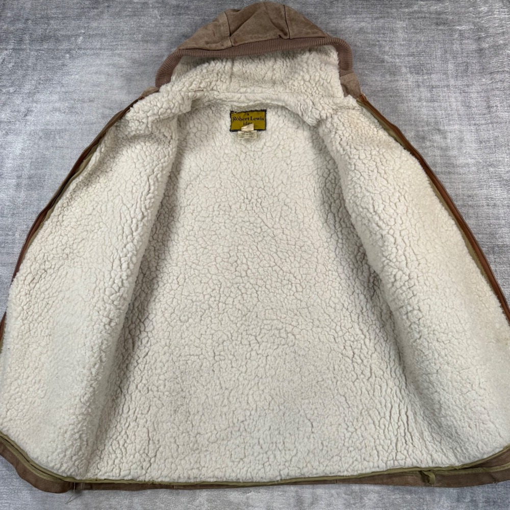 Robert Lewis Jacket Women 42 Brown Vintage 70s Suede Parka Hooded Shearling - Picture 6 of 14